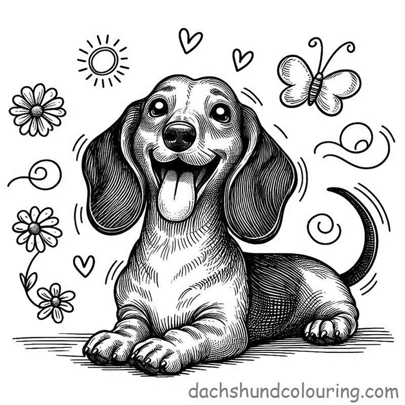 Smiling dachshund colouring with butterfly, sun, heart, flowers