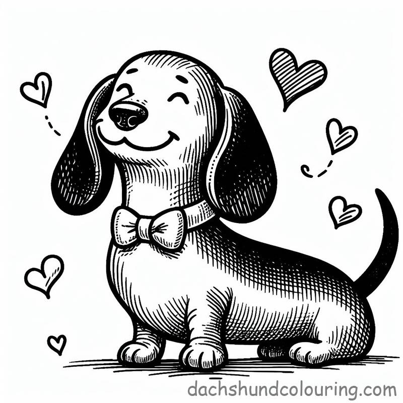 Smiling dachshund dog colouring with 6 hearts