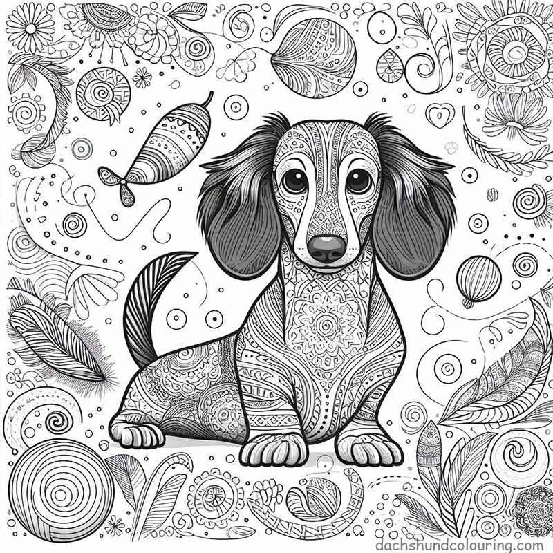 Long-haired Dachshund colouring mandala