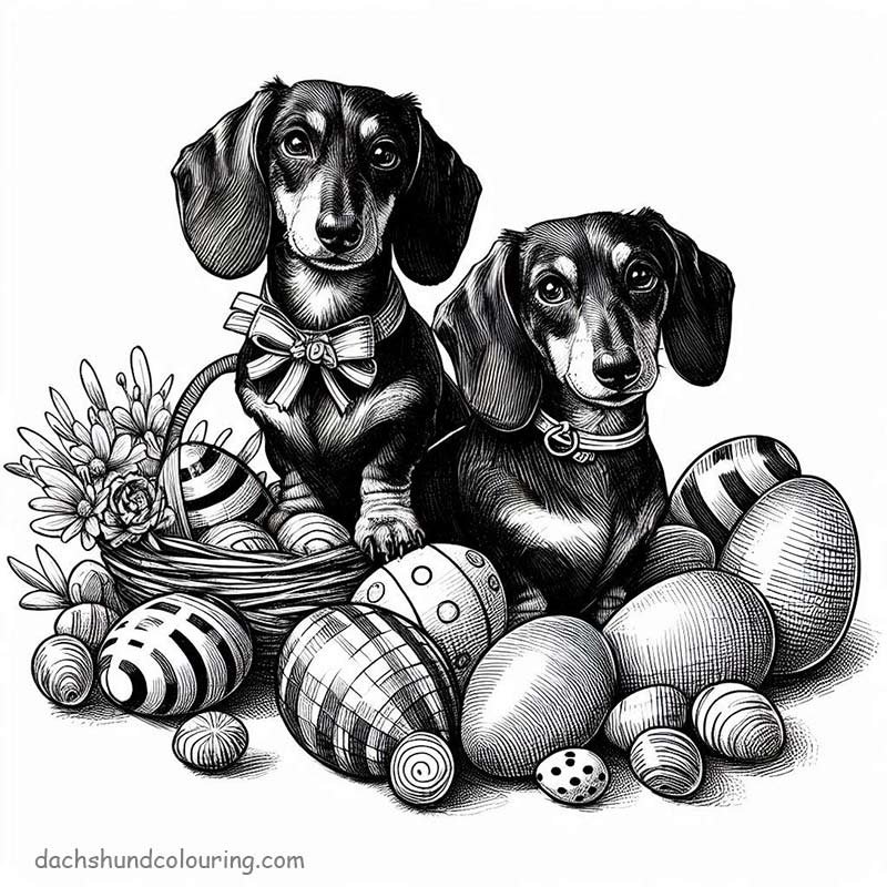 Easter colouring with dachshunds in basket with eggs