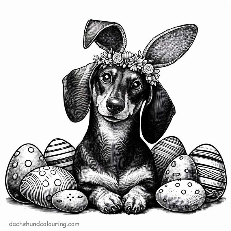 Easter dachshund colouring with bunny ears and flowers on the head