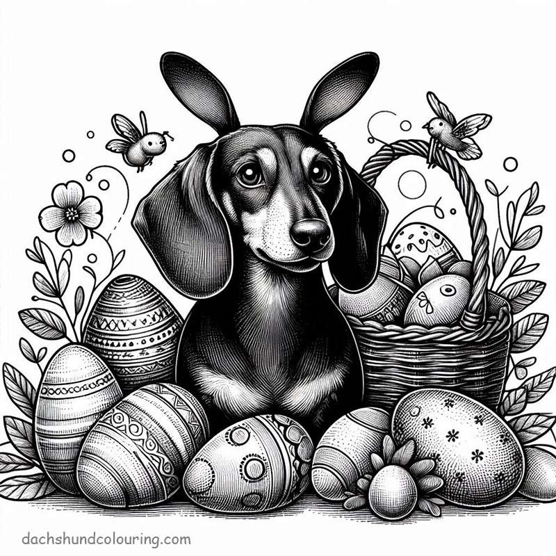 Easter dachshund with bunny ears and eggs