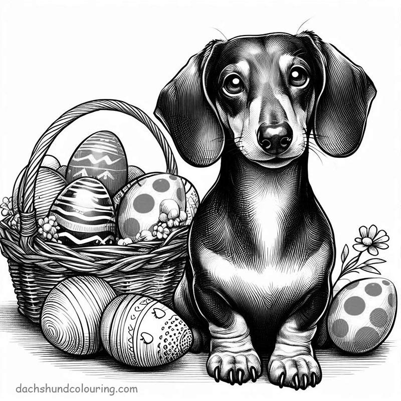 Easter dachshund colouring with a basket of eggs