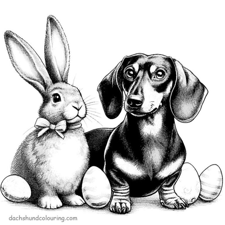 Easter bunny colouring with dachshund and eggs