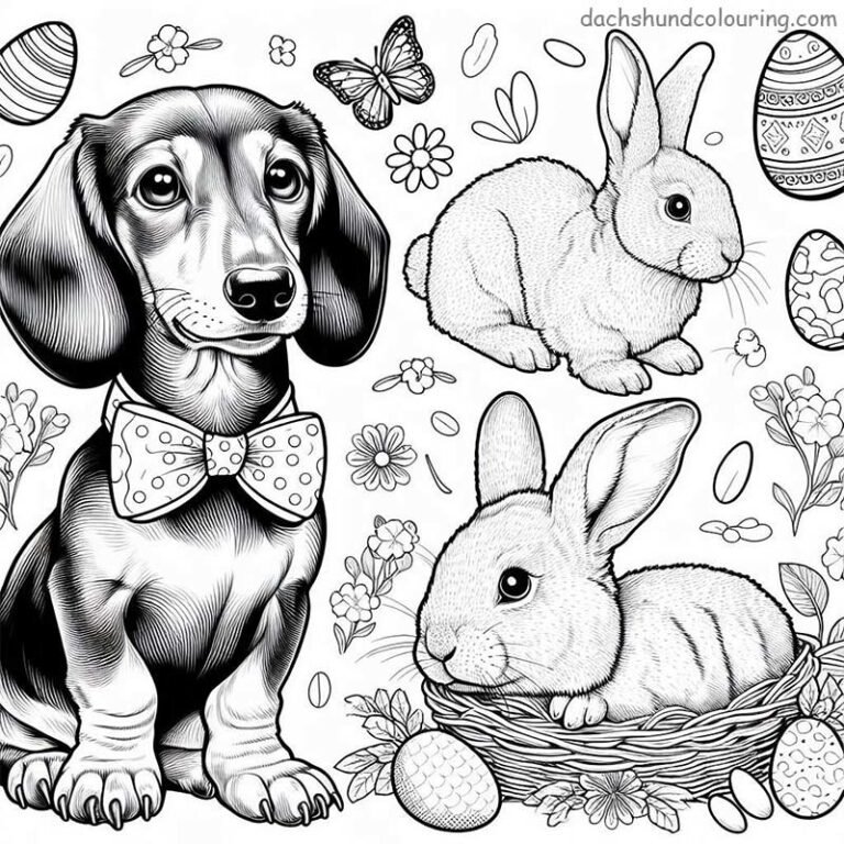 Puppy dachshund colouring with two Easter bunnies