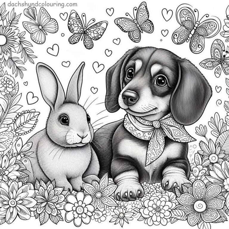 Puppy dachshund dog colouring Easter bunny with butterflies