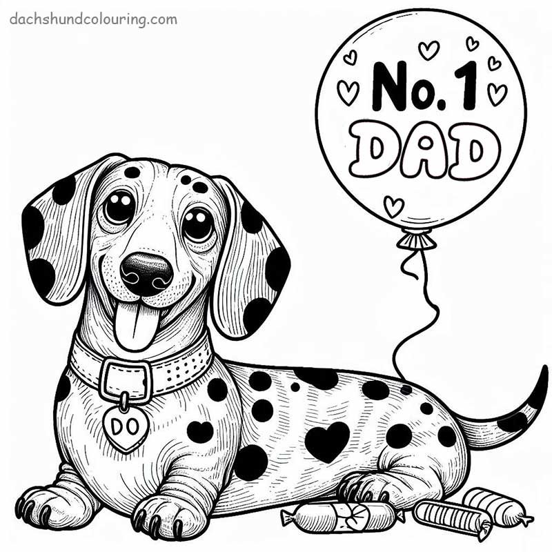 Father's Day colouring dachshund with balloon No 1